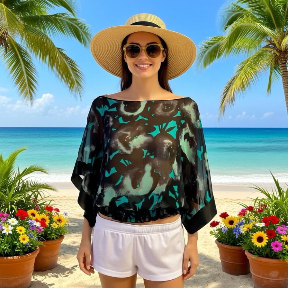 Express Y2K 100% Silk Sheer Dark Multicolor Short Sleeve Blouse Whimsical Sz M